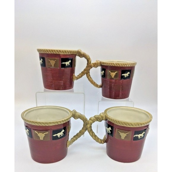 Sonoma Home Happy Trails Red 16 oz Ceramic Coffee Tea Mugs Western Horse Set 4 - Picture 5 of 10